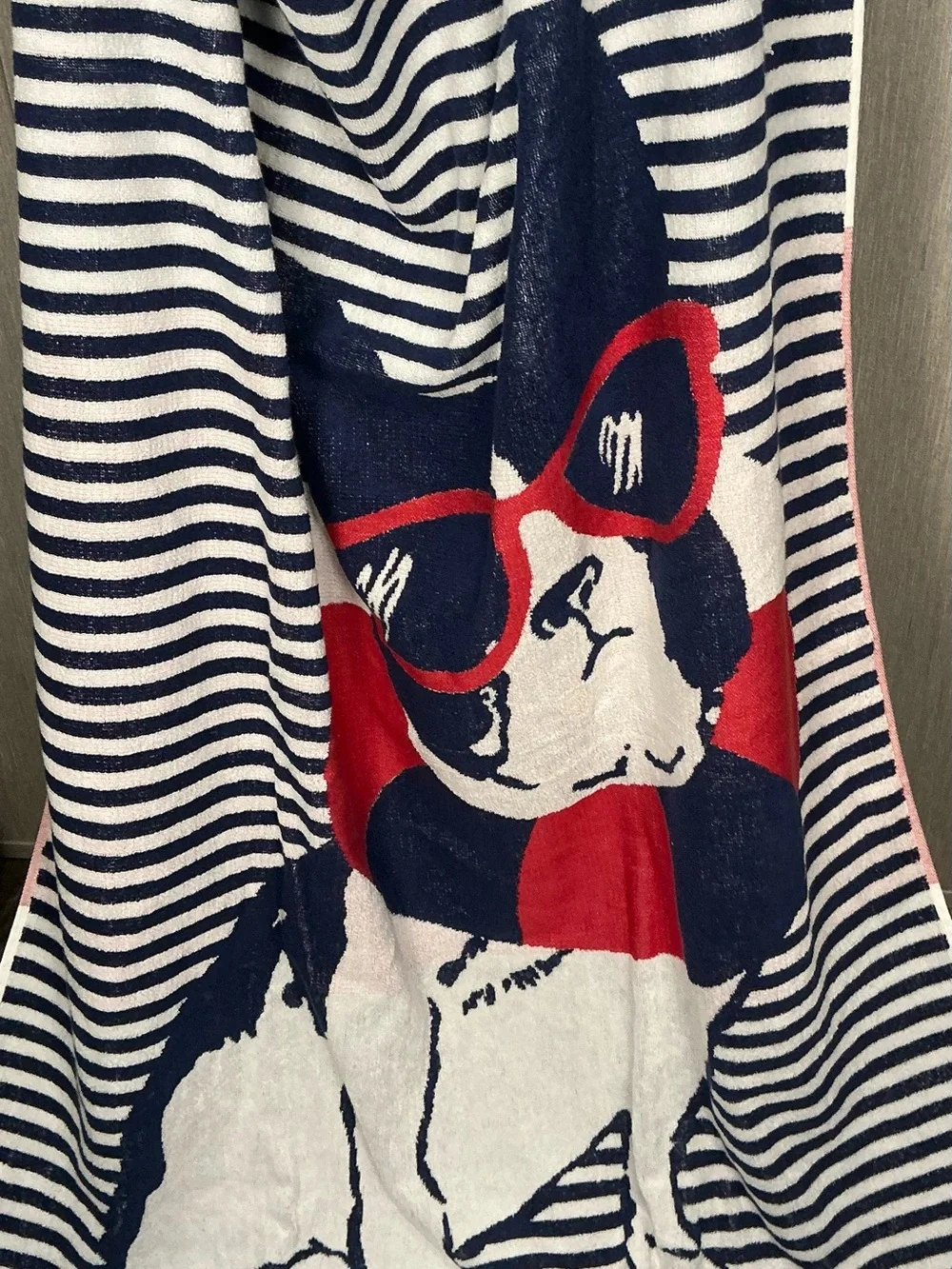 TWO- The Company Store Navy White and Red Striped Dog Beach Towel 70x40